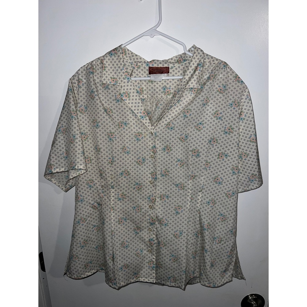 Worthington Women 20W Cream Floral Short Sleeve Button Down Shirt Polyester